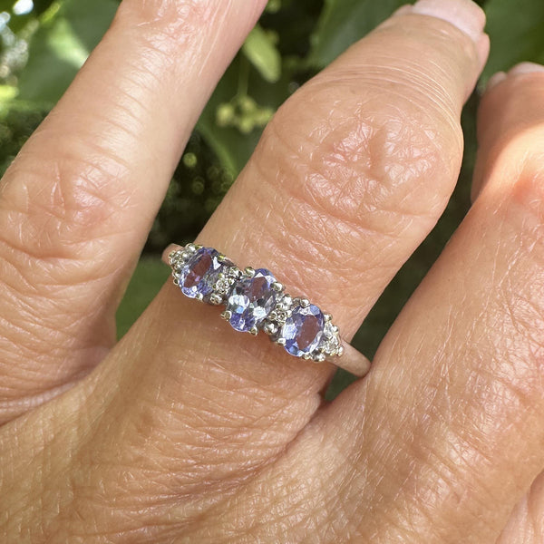 Diamond Three Stone Tanzanite Ring Band in White Gold - Boylerpf