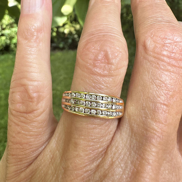 Vintage Wide Three Row Diamond Ring Band in 10K Gold - Boylerpf