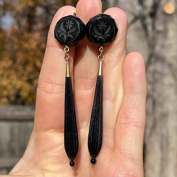 Antique Carved Whitby Jet French Jet Mourning Drop Earrings - Boylerpf