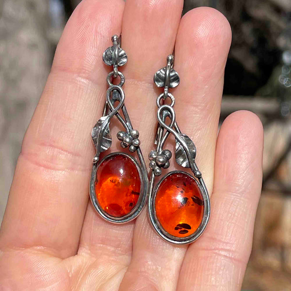 Arts and Crafts Style Silver Baltic Amber Cabochon Drop Earrings - Boylerpf