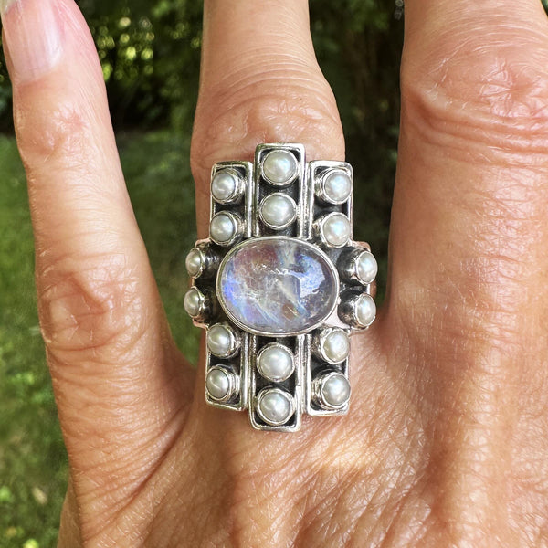 Vintage Statement Silver Pearl Moonstone Cabochon Ring - Boylerpf