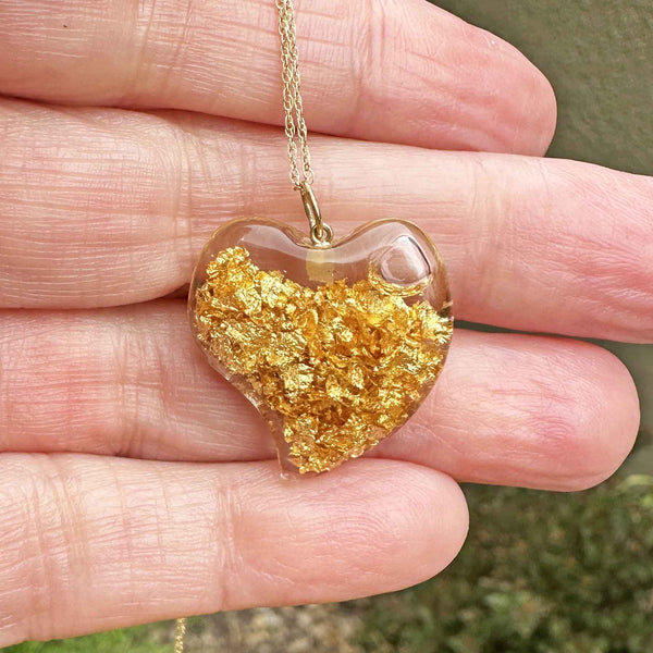 Floating 24K Gold Flake Witches Heart Pendant in 14K Gold - Boylerpf