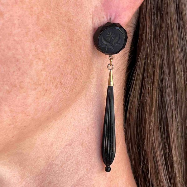 Antique Carved Whitby Jet French Jet Mourning Drop Earrings - Boylerpf