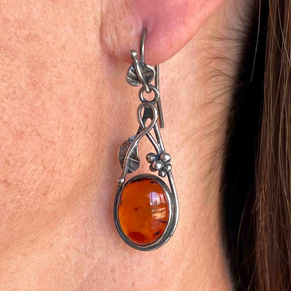 Arts and Crafts Style Silver Baltic Amber Cabochon Drop Earrings - Boylerpf