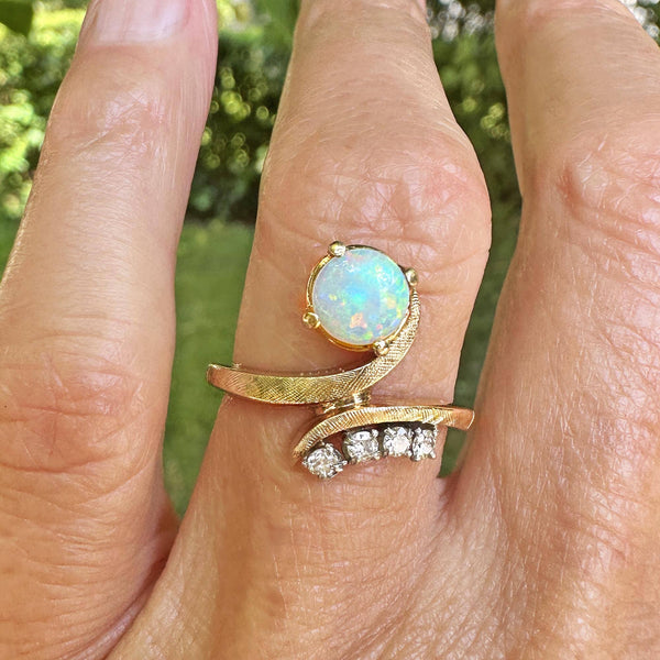 Vintage 14K Gold Bypass Diamond and Opal Ring - Boylerpf