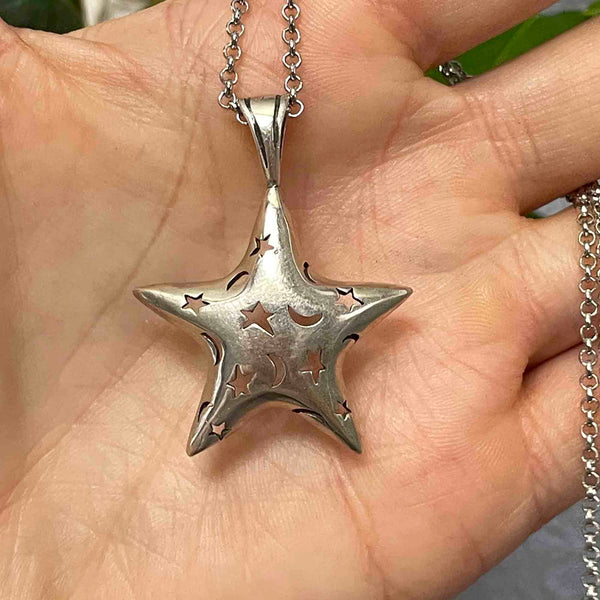 Vintage Sterling Silver Large Stars and Moons Cutout Pendant Necklace - Boylerpf