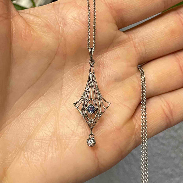 Antique 14K White Gold Blue Topaz Diamond Lavaliere Necklace - Boylerpf