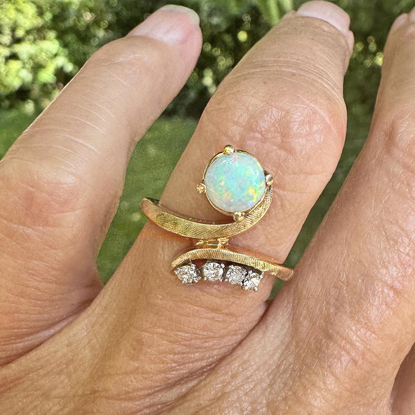 Vintage 14K Gold Bypass Diamond and Opal Ring - Boylerpf