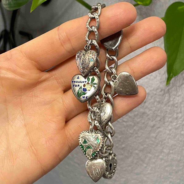 Antique Personalized Silver Enamel Puffy Heart Charm Bracelet - Boylerpf