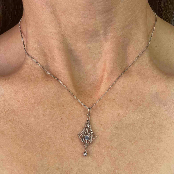 Antique 14K White Gold Blue Topaz Diamond Lavaliere Necklace - Boylerpf