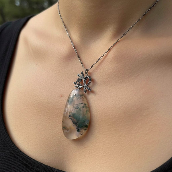 Silver Art Deco Marcasite Moss Agate Pendant Necklace - Boylerpf