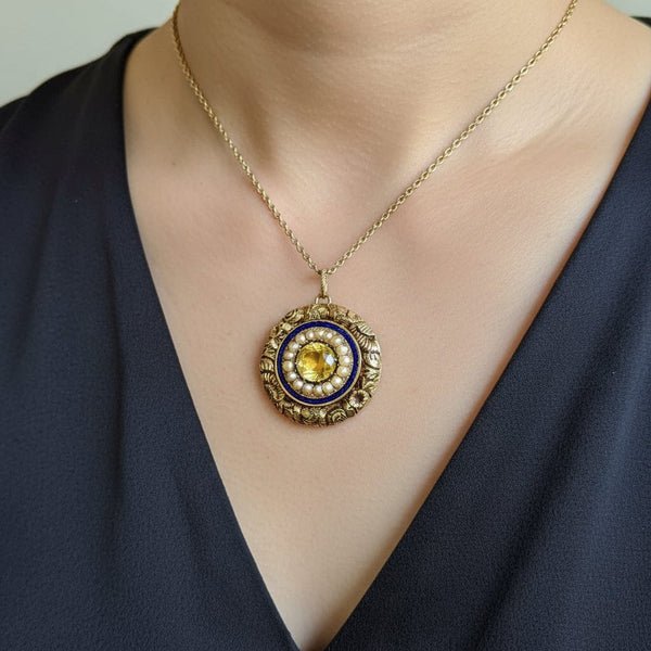 Antique 14K Gold Enamel Pearl Citrine Pendant Brooch - Boylerpf