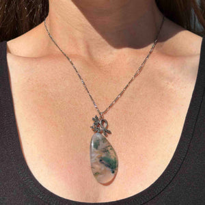 Silver Art Deco Marcasite Moss Agate Pendant Necklace - Boylerpf
