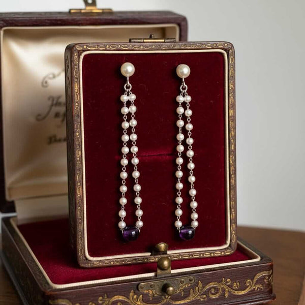 Vintage Pearl Amethyst Earrings 14K White Gold Dangle - Boylerpf