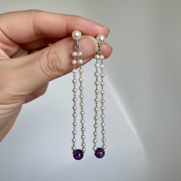 Vintage Pearl Amethyst Earrings 14K White Gold Dangle - Boylerpf
