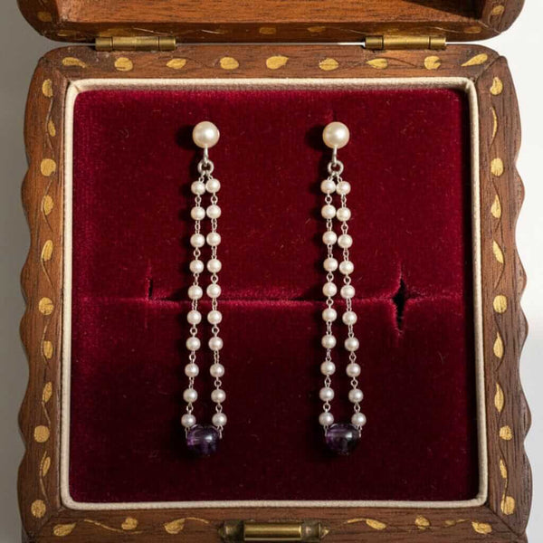 Vintage Pearl Amethyst Earrings 14K White Gold Dangle - Boylerpf
