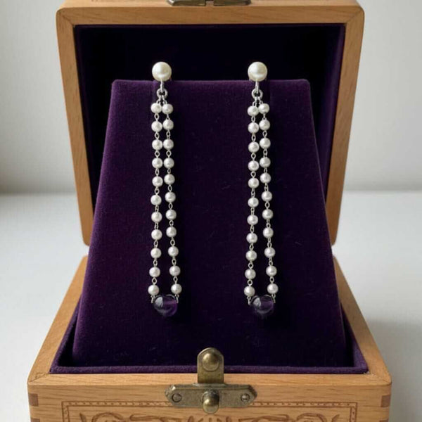Vintage Pearl Amethyst Earrings 14K White Gold Dangle - Boylerpf
