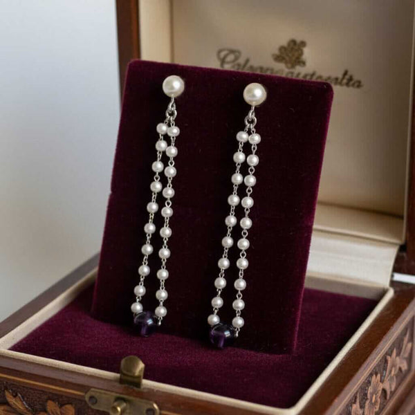 Vintage Pearl Amethyst Earrings 14K White Gold Dangle - Boylerpf