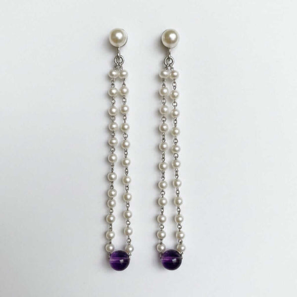 Vintage Pearl Amethyst Earrings 14K White Gold Dangle - Boylerpf