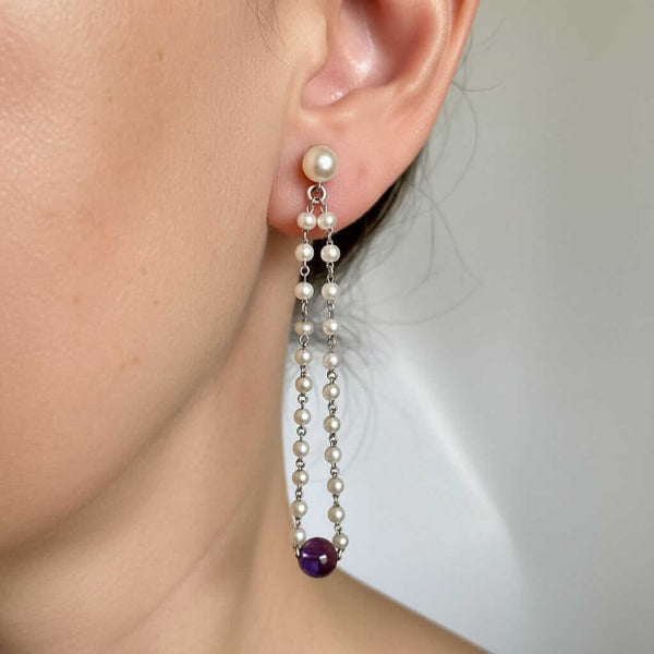 Vintage Pearl Amethyst Earrings 14K White Gold Dangle - Boylerpf