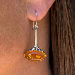 Arts and Crafts Style Silver East West Amber Cabochon Earrings - Boylerpf