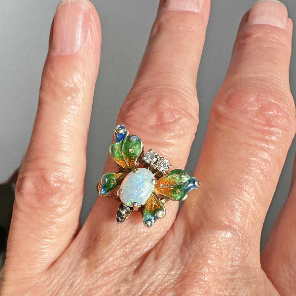 Fine 14K Gold Diamond Opal Enamel Butterfly Ring - Boylerpf