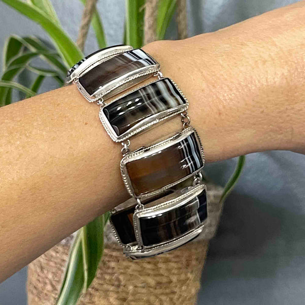 Antique Sterling Silver Scottish Banded Agate Link Bracelet - Boylerpf