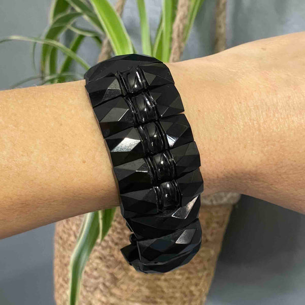 Antique Victorian Geometric Carved Whitby Jet Bracelet - Boylerpf