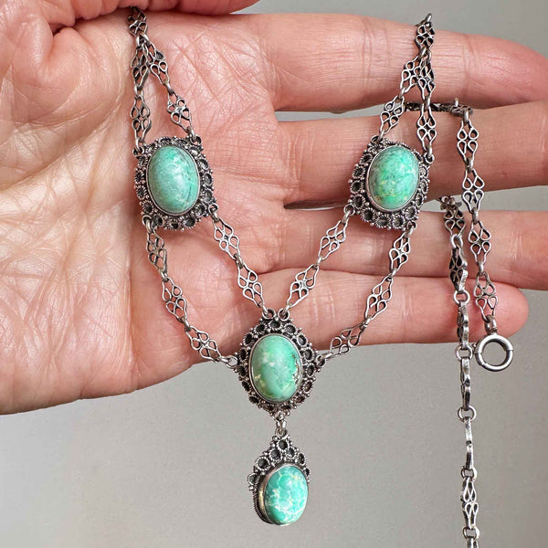 Antique Silver Etruscan Turquoise Festoon Necklace - Boylerpf