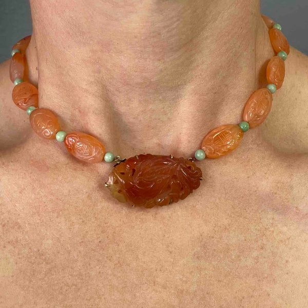 Vintage 14K Gold Carved Phoenix Tangerine Green Jade Necklace - Boylerpf