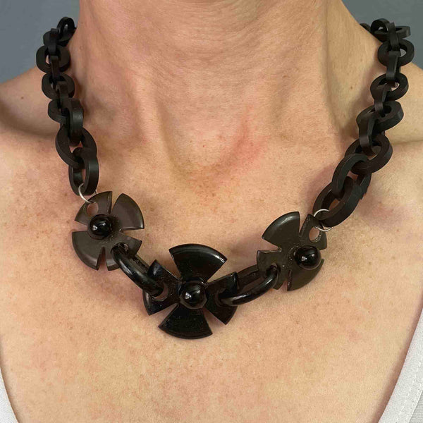 Antique Vulcanite Whitby Jet Iron Cross Victorian Mourning Necklace