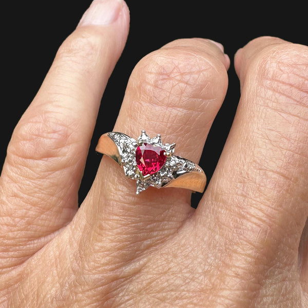 Vintage Gold Crown Diamond Wing Ruby Heart Ring - Boylerpf