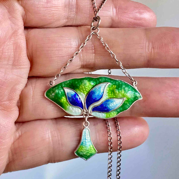 Art Nouveau Silver Leaf Enamel Pendant Necklace - Boylerpf