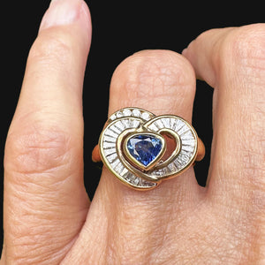 18K Gold Baguette Diamond Heart Ceylon Sapphire Ring - Boylerpf