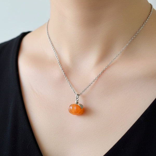 Silver Leaf Carved Pumpkin Orange Jade Pendant - Boylerpf