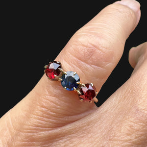 Antique Victorian Rose Cut Garnet Sapphire Ring, Three Stone Trilogy - Boylerpf