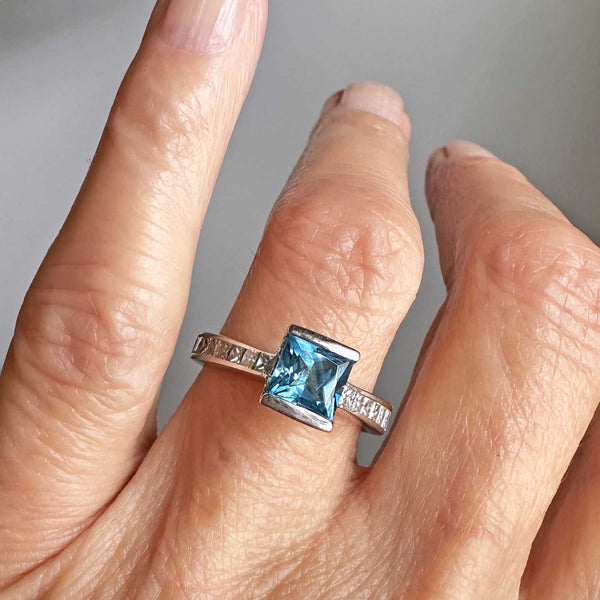 1 Carat Princess Cut Diamond Blue Topaz Ring 14K White Gold - Boylerpf