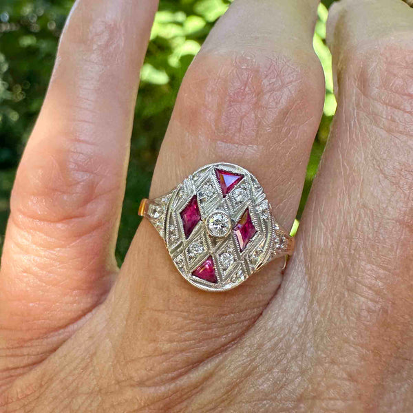 Art Deco Platinum & 18K Gold Ruby Diamond Ring - Boylerpf