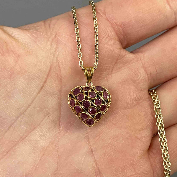 Filigree 18K Gold Ruby Blue Sapphire Heart Pendant Necklace - Boylerpf