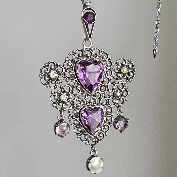 Antique Silver Filigree Pearl Amethyst Heart Necklace - Boylerpf