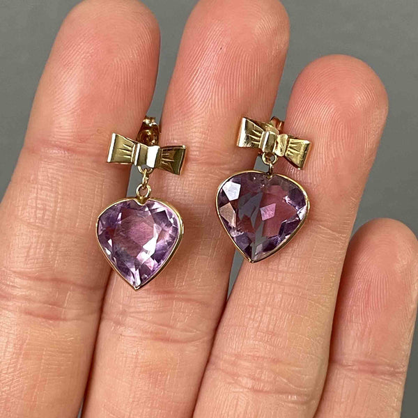 Vintage 14K Gold Bow Amethyst Heart Stud Drop Earrings - Boylerpf