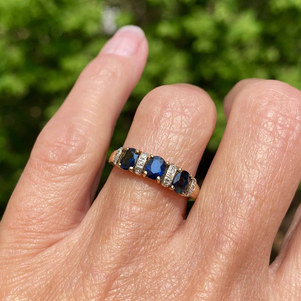 Three Stone Engagement Ring Blue Sapphire Oval Cut Ring