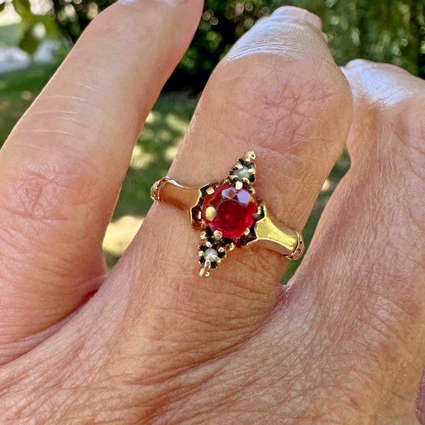 Antique Victorian Gold Seed Pearl Solitaire Garnet Ring - Boylerpf