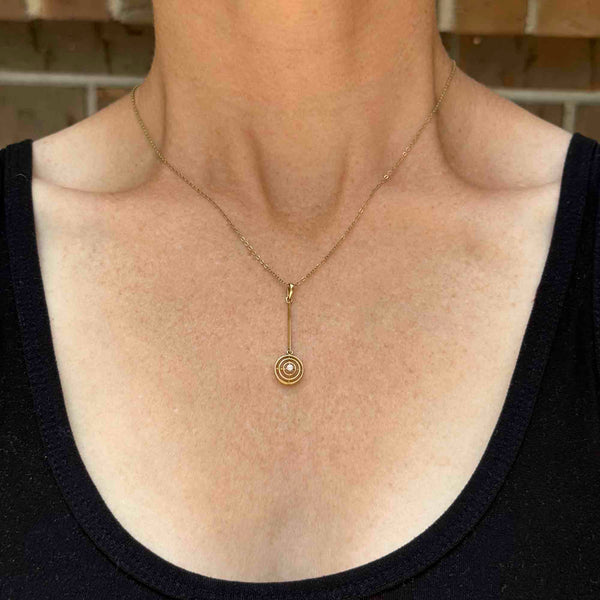 Antique Art Deco 14K Gold Pearl Target Lavalier Pendant Necklace - Boylerpf