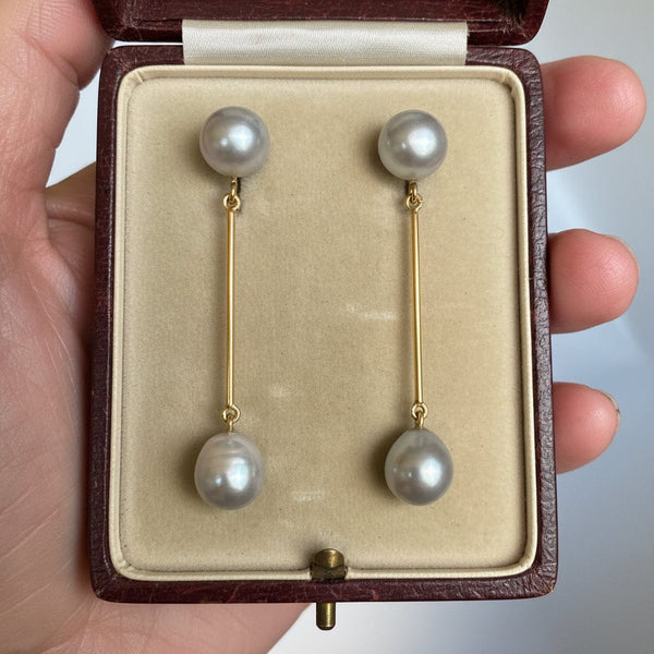 Vintage Gray Baroque Pearl Drop Earrings 14K Gold