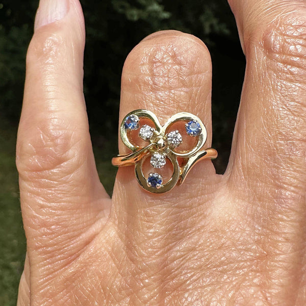 Vintage 14K Gold Diamond Sapphire Three Leaf Clover Ring - Boylerpf