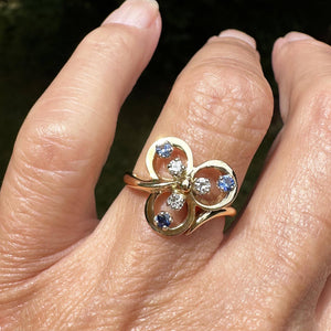 Vintage 14K Gold Diamond Sapphire Three Leaf Clover Ring - Boylerpf