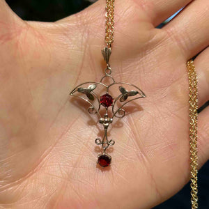 Antique Art Nouveau Gold Floral Garnet Lavalier Necklace - Boylerpf