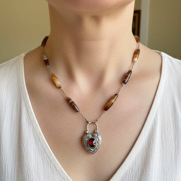 Vintage Scottish Agate Garnet Heart Padlock Necklace