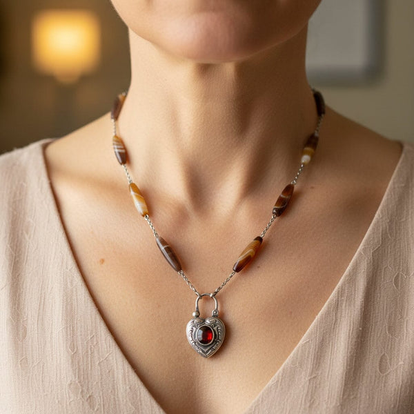 Vintage Scottish Agate Garnet Heart Padlock Necklace